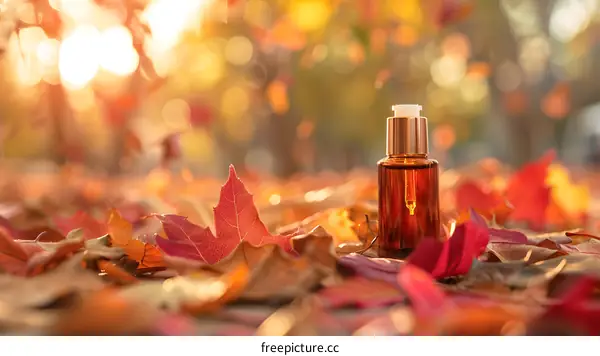 Amber Glass Bottle of Essential Oil on Fall Leaves