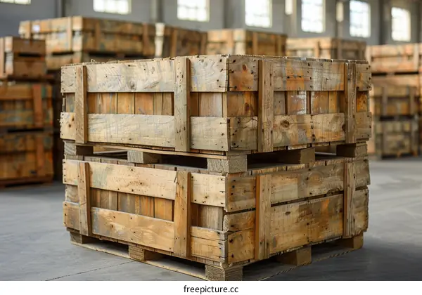 Wooden crates stacked in a warehouse