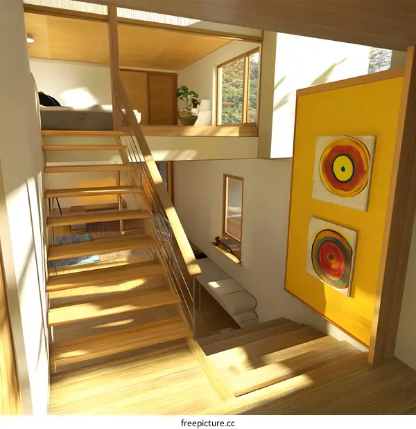 Modern Wooden Staircase Interior Design with Yellow Wall and Abstract Art