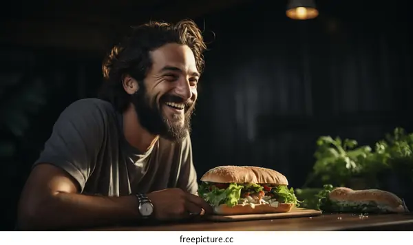 Bearded man eating a sandwich