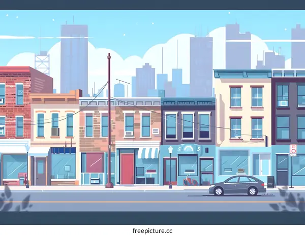 Cityscape Illustration with Shops and Street