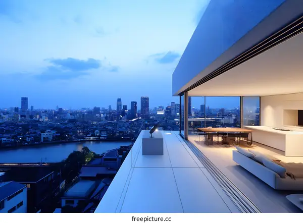 Modern Balcony with Cityscape View at Dusk