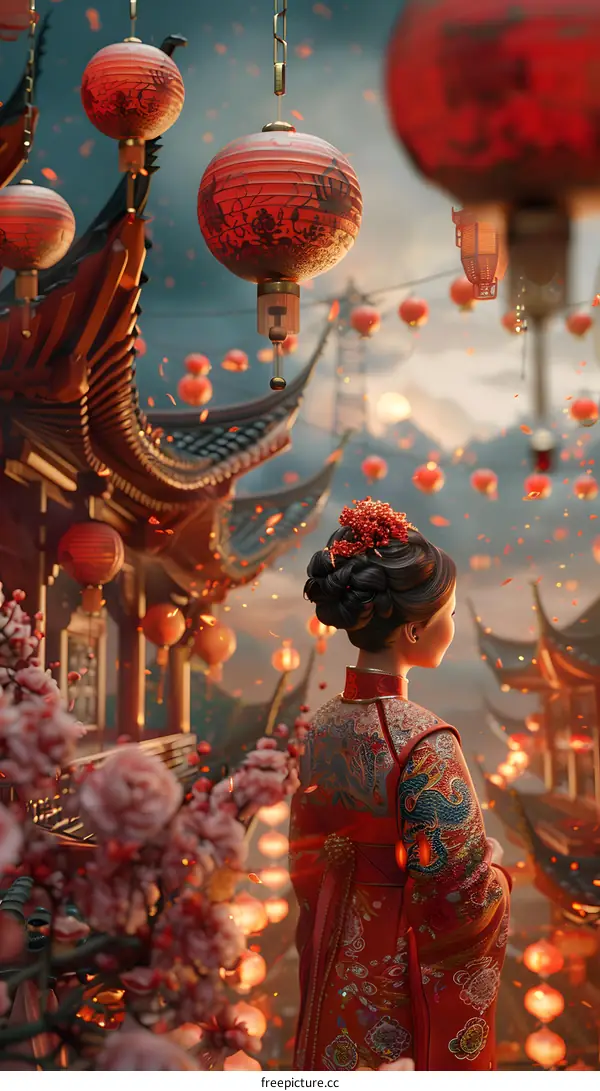 A woman in red Hanfu is admiring the lanterns under the cherry blossom tree.