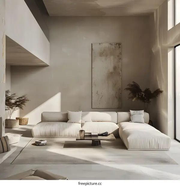 Minimalist Living Room Interior Design with Beige Sofa and Large Window