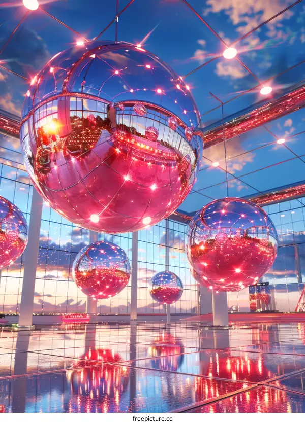Pink Disco Balls Hanging From the Ceiling of a Glass Building