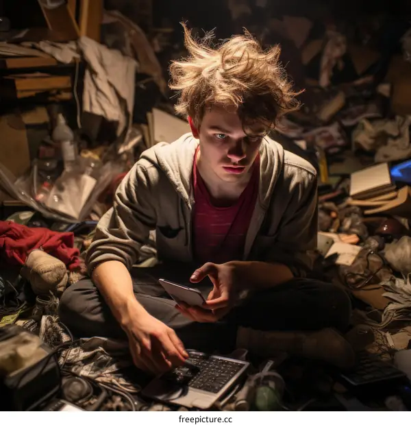 A young man sits in a messy room surrounded by clutter.