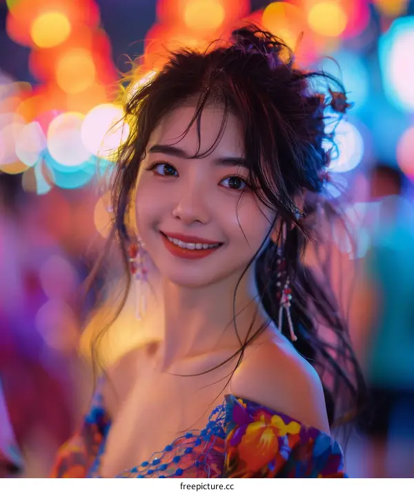 Young Woman Posing at Night Market