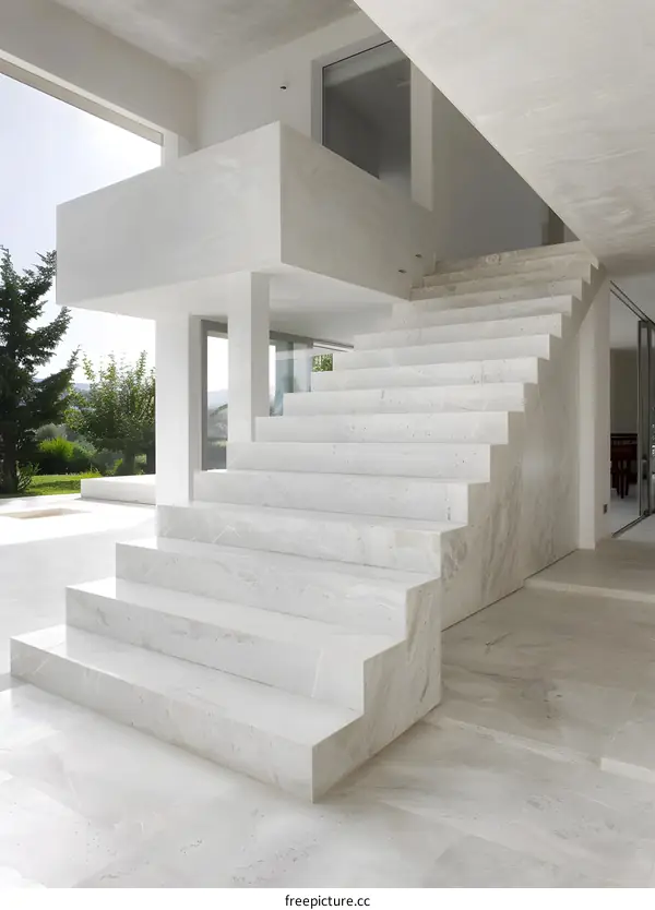 Modern White Marble Stairs Leading to an Open Floor Plan Home