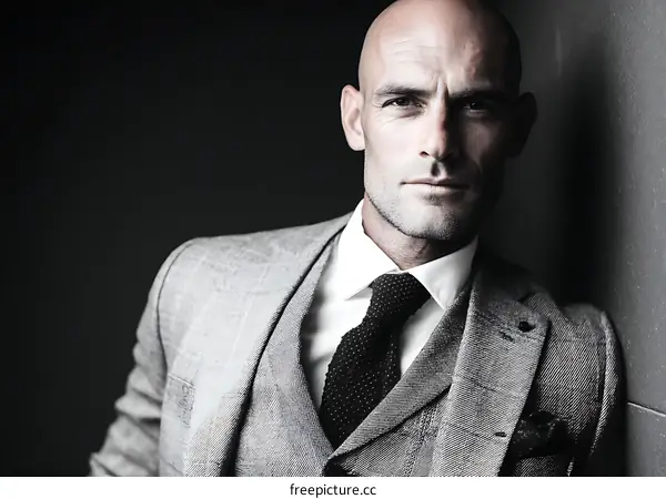 Stylish Bald Man in a Grey Suit Portrait