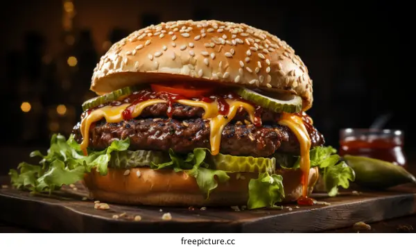 A delicious cheeseburger with pickles, lettuce, and tomato.