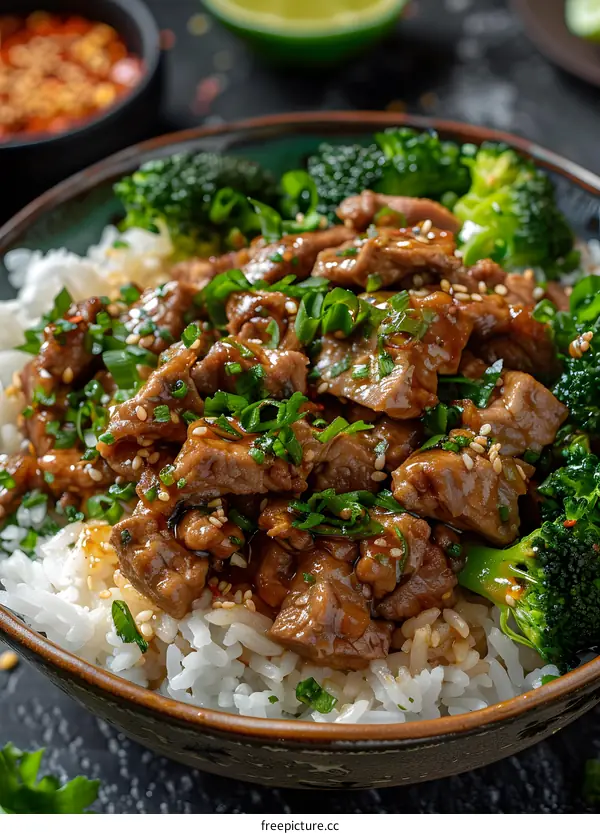 Beef Broccoli Bowl with Sesame Seeds and Green Onions