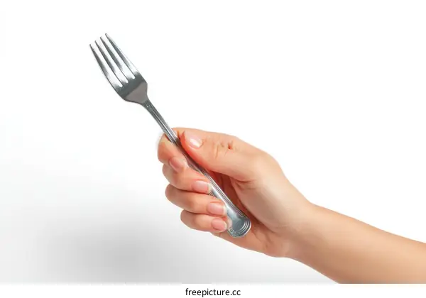 Hand Holding a Silver Fork Against a White Background