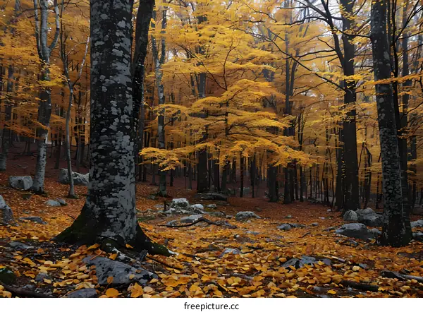 Golden Autumn Forest Landscape With Fallen Leaves