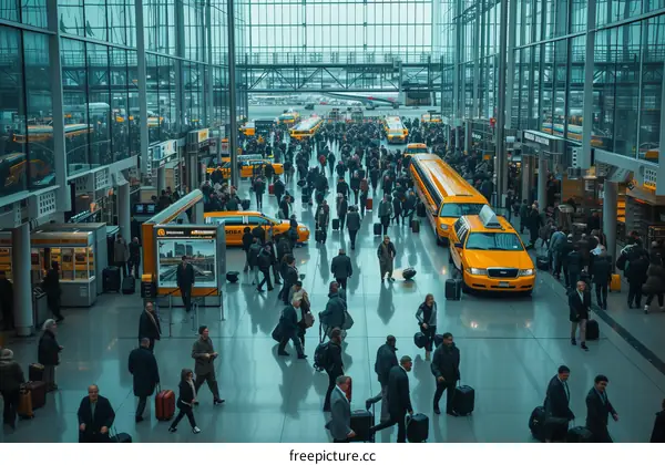 Crowded airport terminal with people walking and yellow taxis