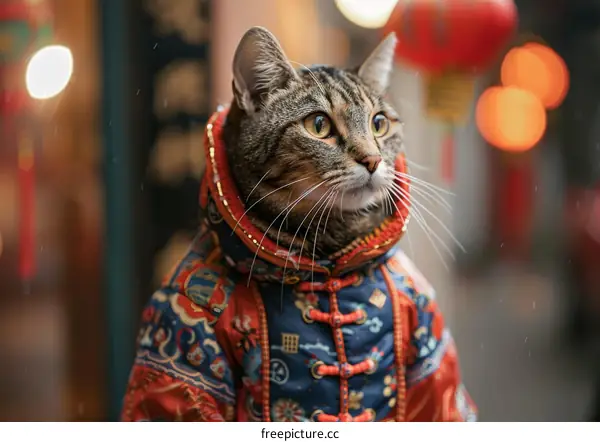 A cat wearing a Chinese traditional costume is sitting on the street and looking around