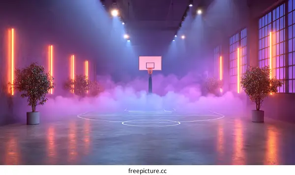 Neon Lit Basketball Court in a Retro Industrial Setting