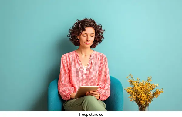 Woman Using Tablet in Teal Room
