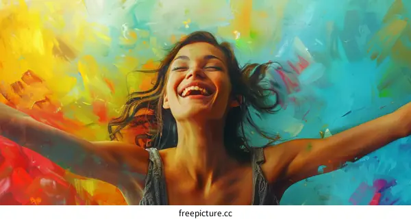 Woman in a Colorful Abstract Painting Smiling