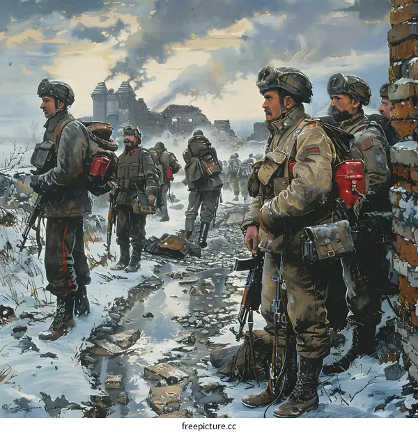 A group of soldiers in winter gear are walking through a snowy forest.