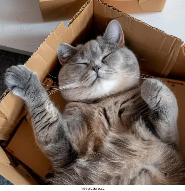 A gray cat is sleeping in a cardboard box