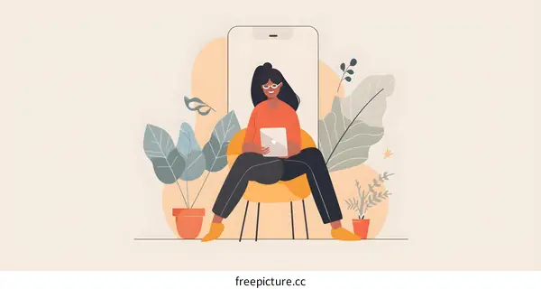 Woman Using Tablet in Chair,  Surrounded by Plants