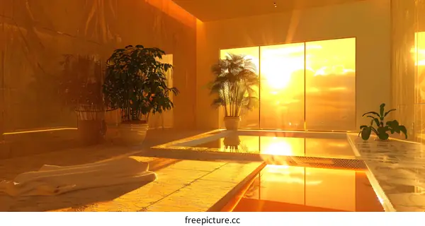 Luxury Interior Design With Golden Tiles And A Pool