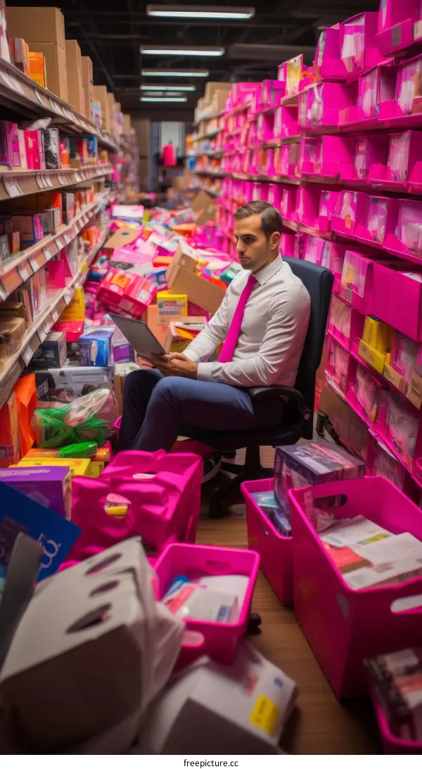 A man sits in a chair in a warehouse full of pink boxes.