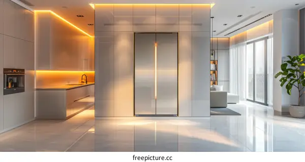 Modern minimalist kitchen interior design with large fridge