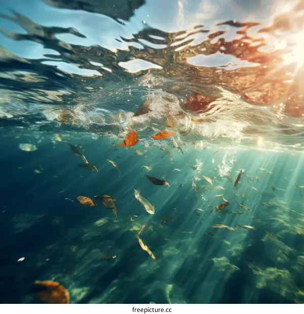 Colorful leaves floating on the water surface with sun rays shining through