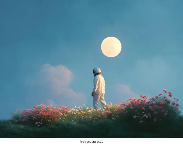 Astronaut Amidst Flowers Under a Full Moon