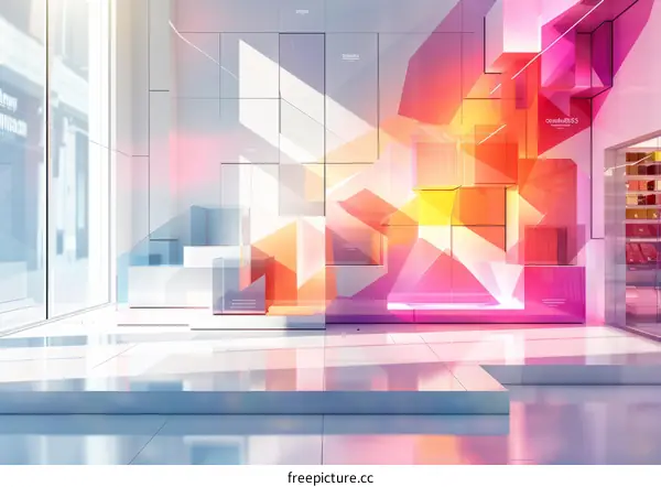 geometric shapes form colorful 3d wall mural in bright interior space