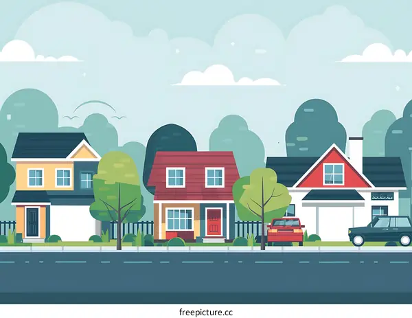 Suburban Neighborhood Illustration with Houses and Cars