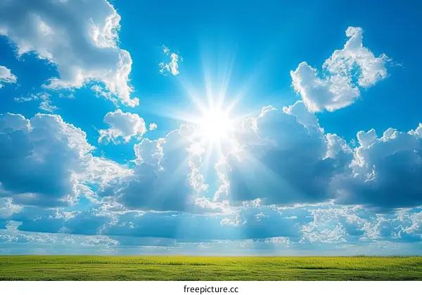 Blue sky and white clouds over green field