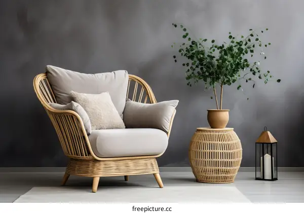 A stylish living room with a comfortable wicker chair and a potted plant