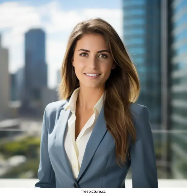Portrait of a smiling young businesswoman in a suit standing in front of a cityscape