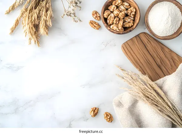 White Marble Background with Walnuts and Dried Wheat