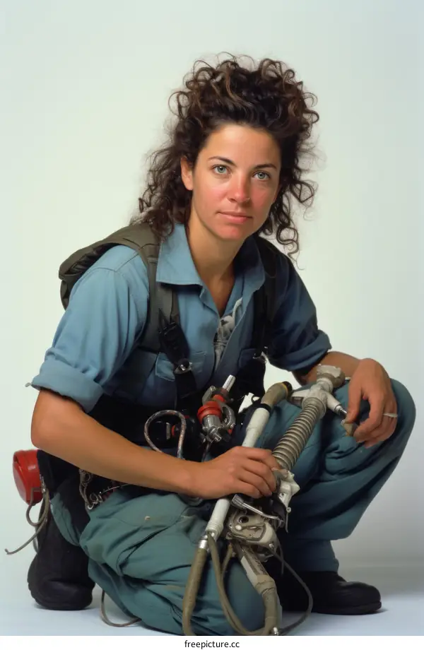 Portrait of a young woman with curly hair and wearing a spacesuit