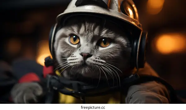 A cat wearing a firefighter's helmet and gear