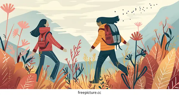 Two Women Hiking Through a Mountainous Landscape