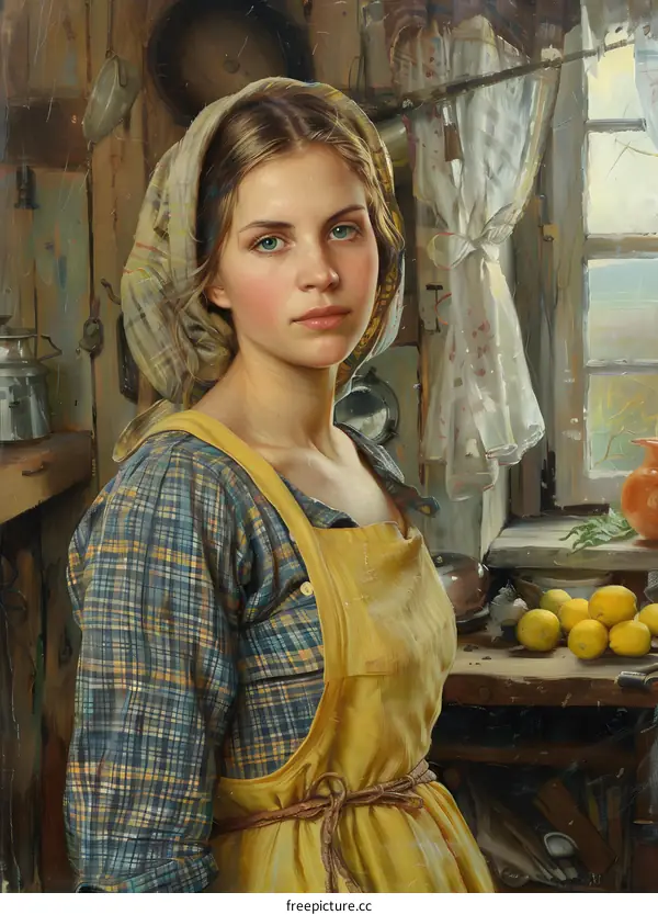 portrait of a young woman in a yellow apron
