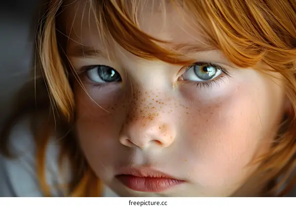 Portrait of a young girl with freckles and green eyes
