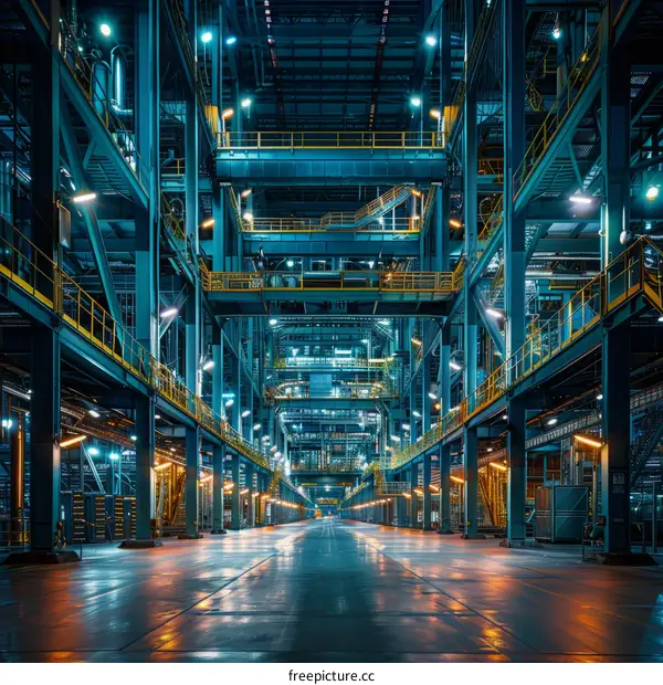 The interior of a modern industrial building with blue and yellow lights