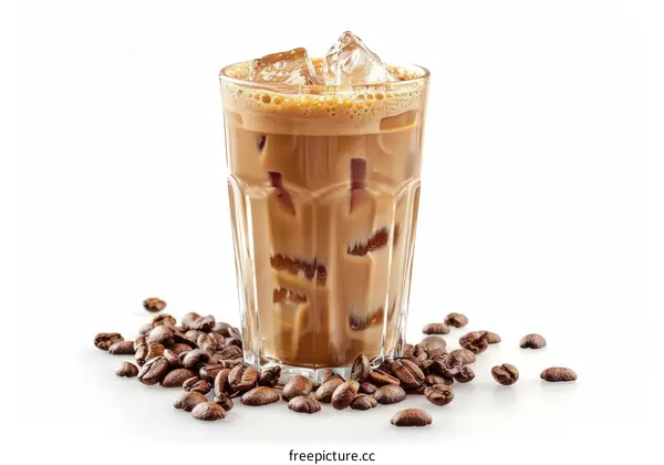Iced coffee in a tall glass with coffee beans scattered around