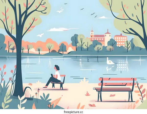 Woman Sitting on Bench by Lake with Castle in Background