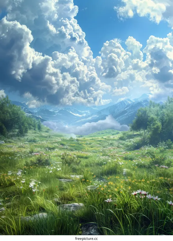 Beautiful Mountain Meadow Under a Cloudy Sky