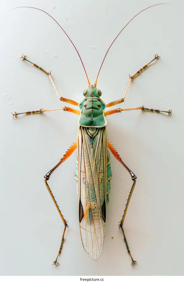 A green and orange katydid on a white background