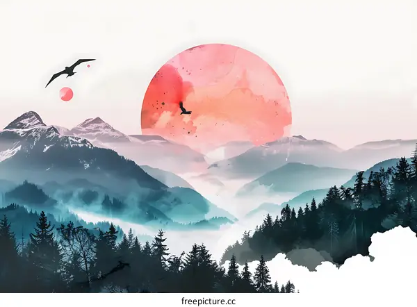 Abstract Mountain Landscape with Pink Sun