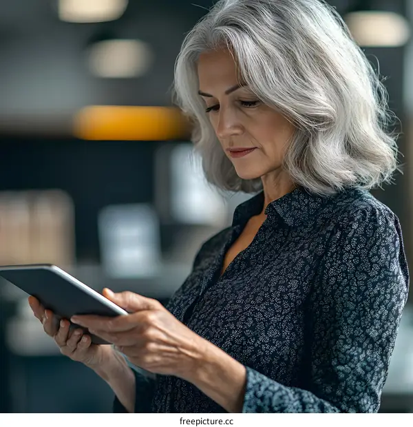 Mature Woman in a Black Blouse Uses a Tablet