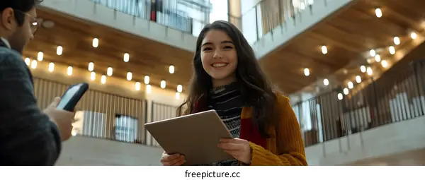 Smiling Woman Holding Tablet in Modern Building Interior