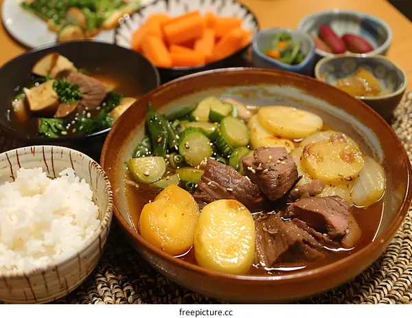 A delicious Japanese dish with beef, potatoes, and vegetables.